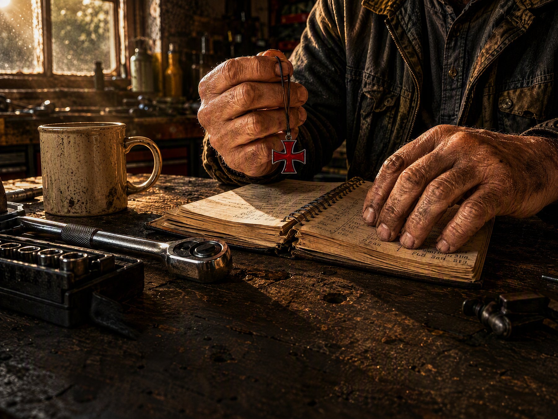 Merlin's teaching poster — a mechanic's hands holding a red Templar cross over a handwritten journal, beside a wrench and a mug reading Discipline, Focus, Integrity.